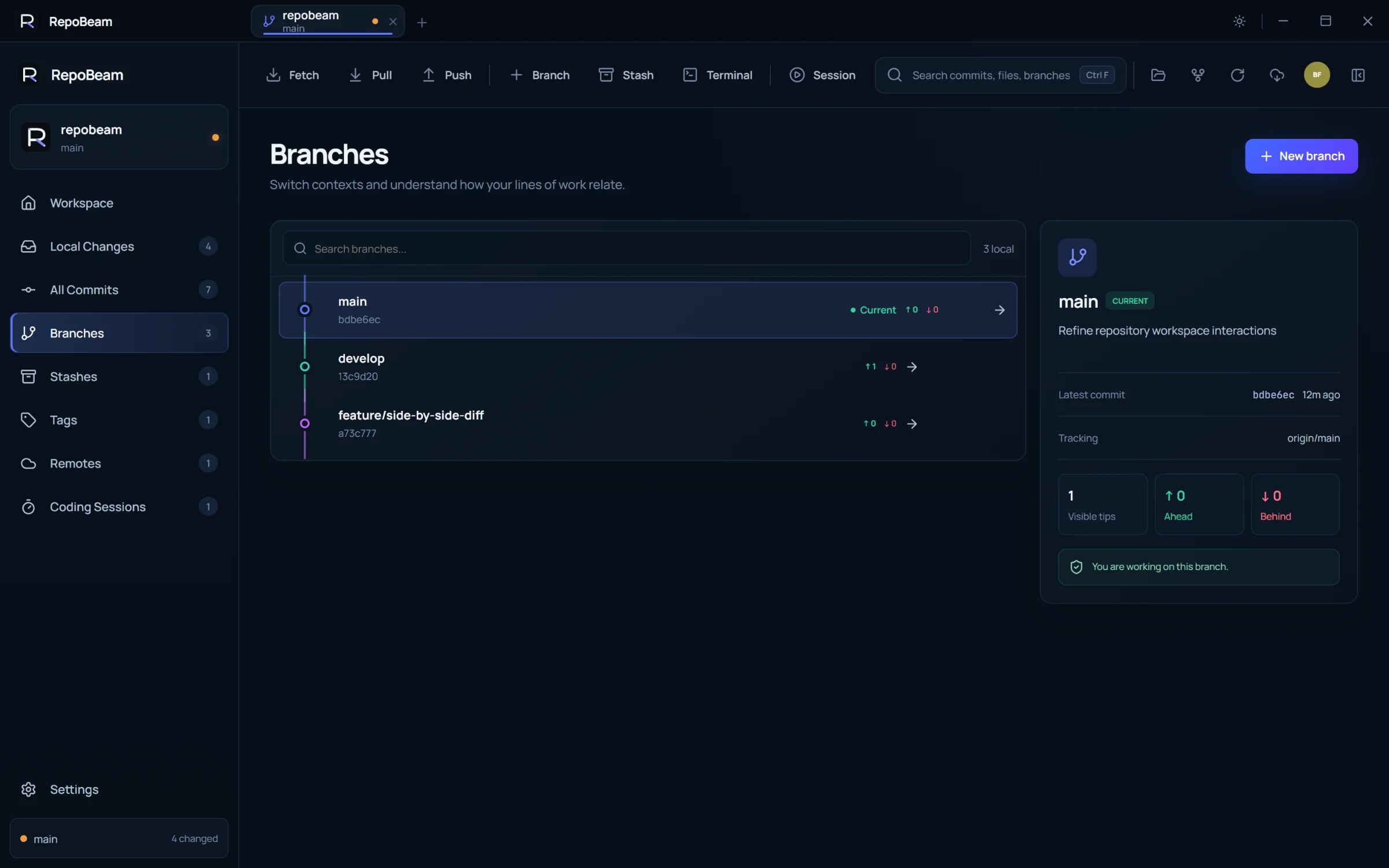 Branches view with tracking information
