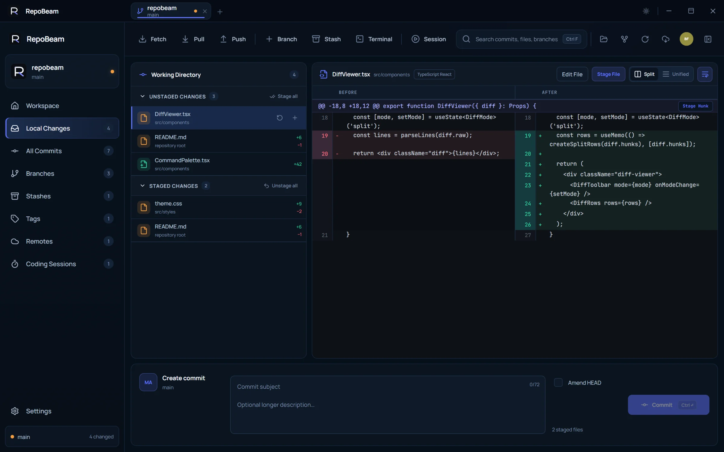 Local Changes with unstaged and staged files and a split diff