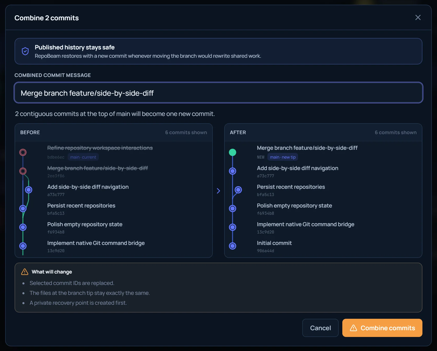 Combine 2 commits dialog with before and after graphs