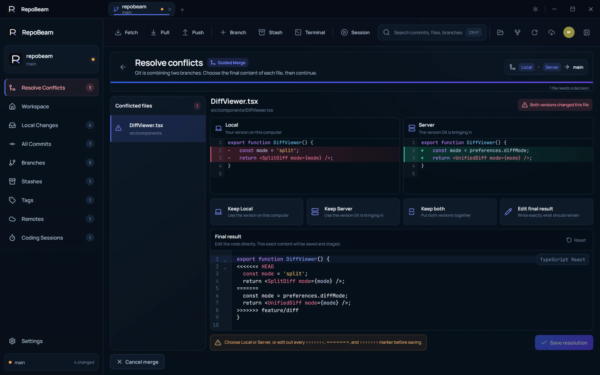 RepoBeam conflict resolver showing both versions of a file, one-click choices and an editable final result