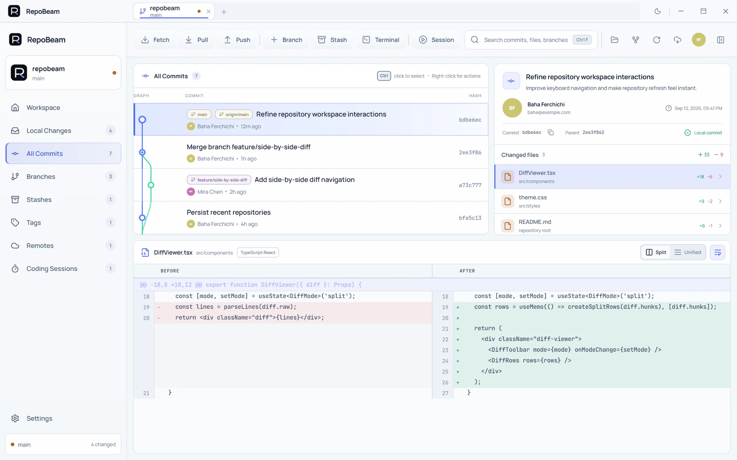 RepoBeam commit history in the light theme