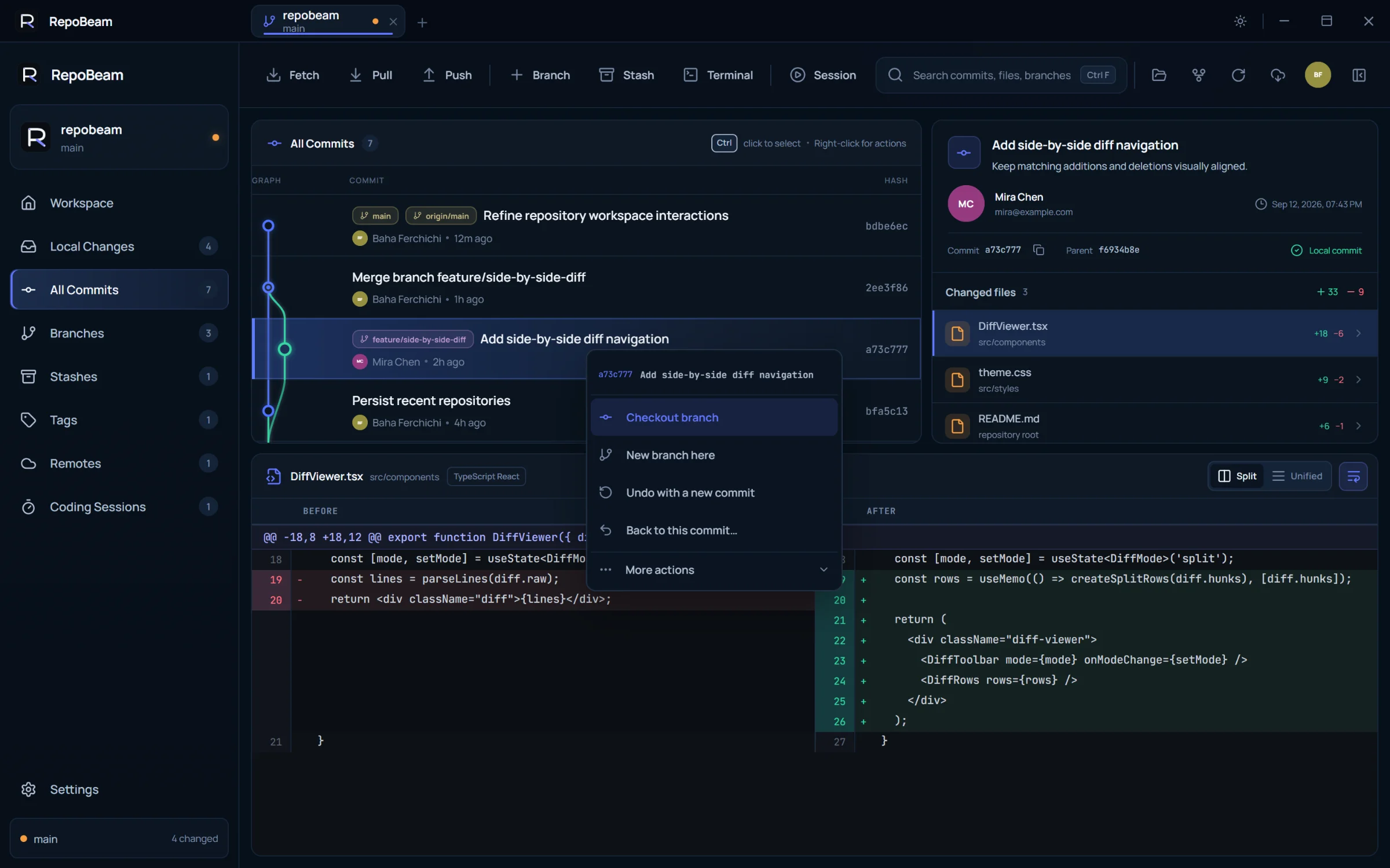 Commit history with the right-click action menu open