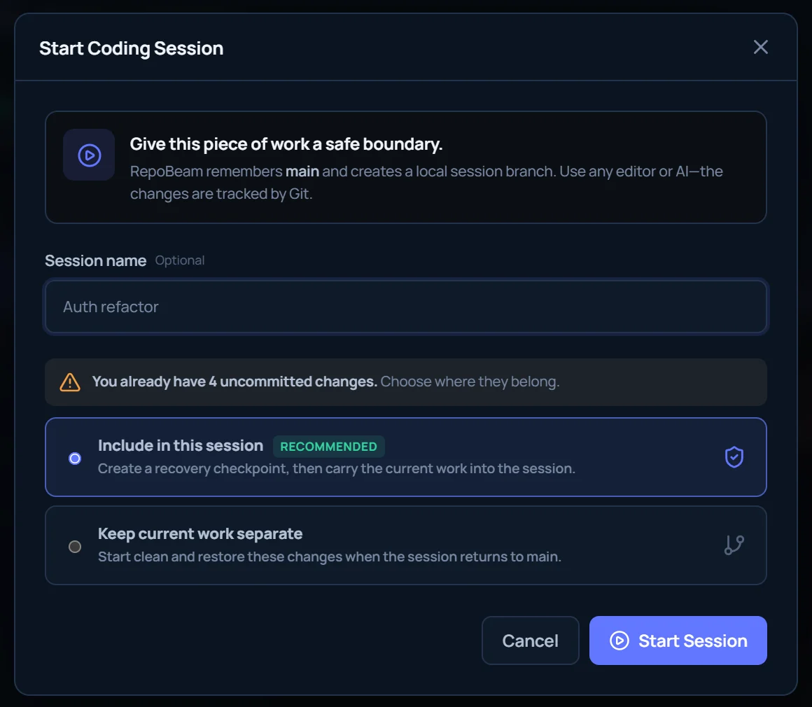 Start Coding Session dialog offering to include or separate uncommitted work