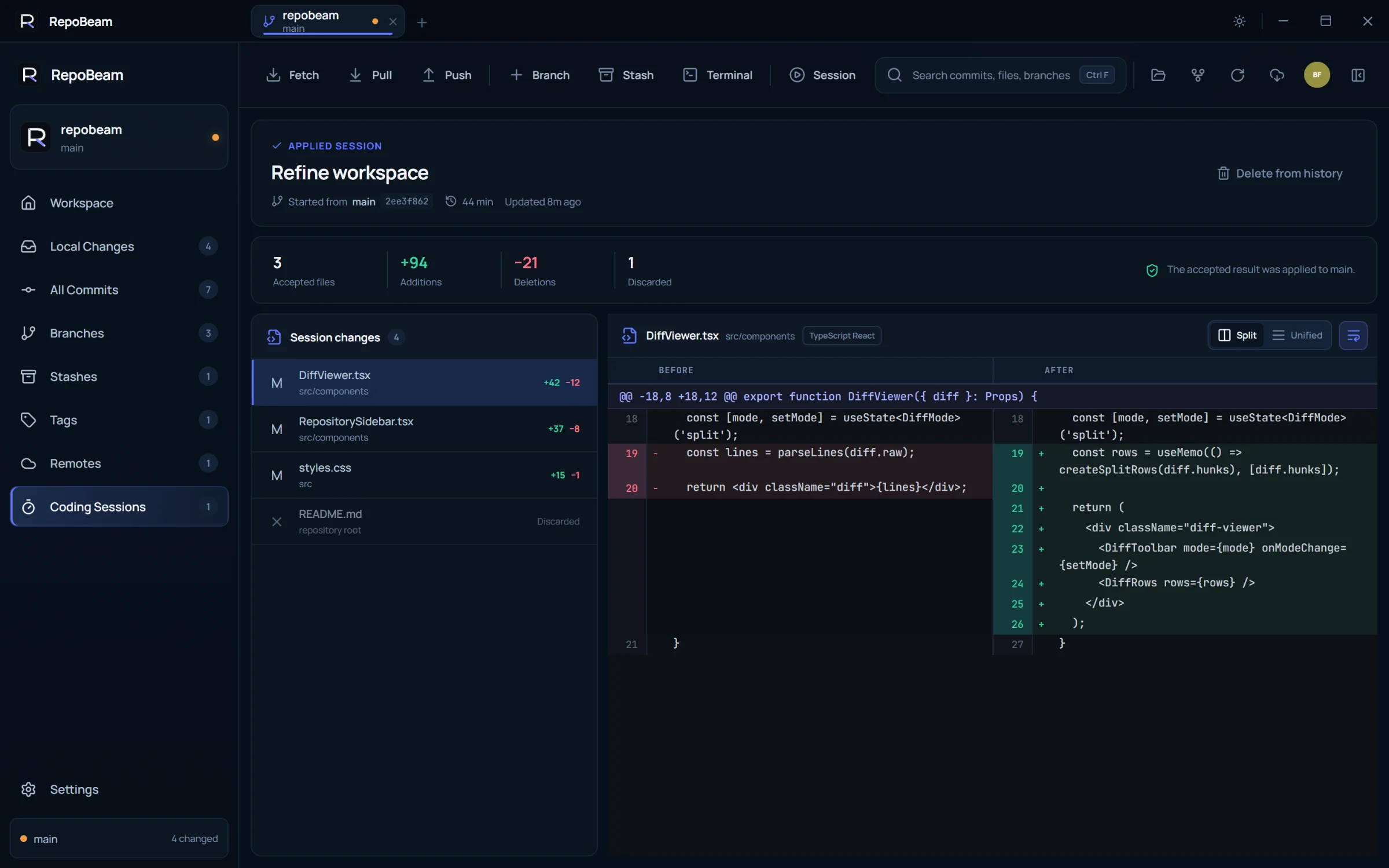 Coding Session review showing accepted and discarded files with a split diff