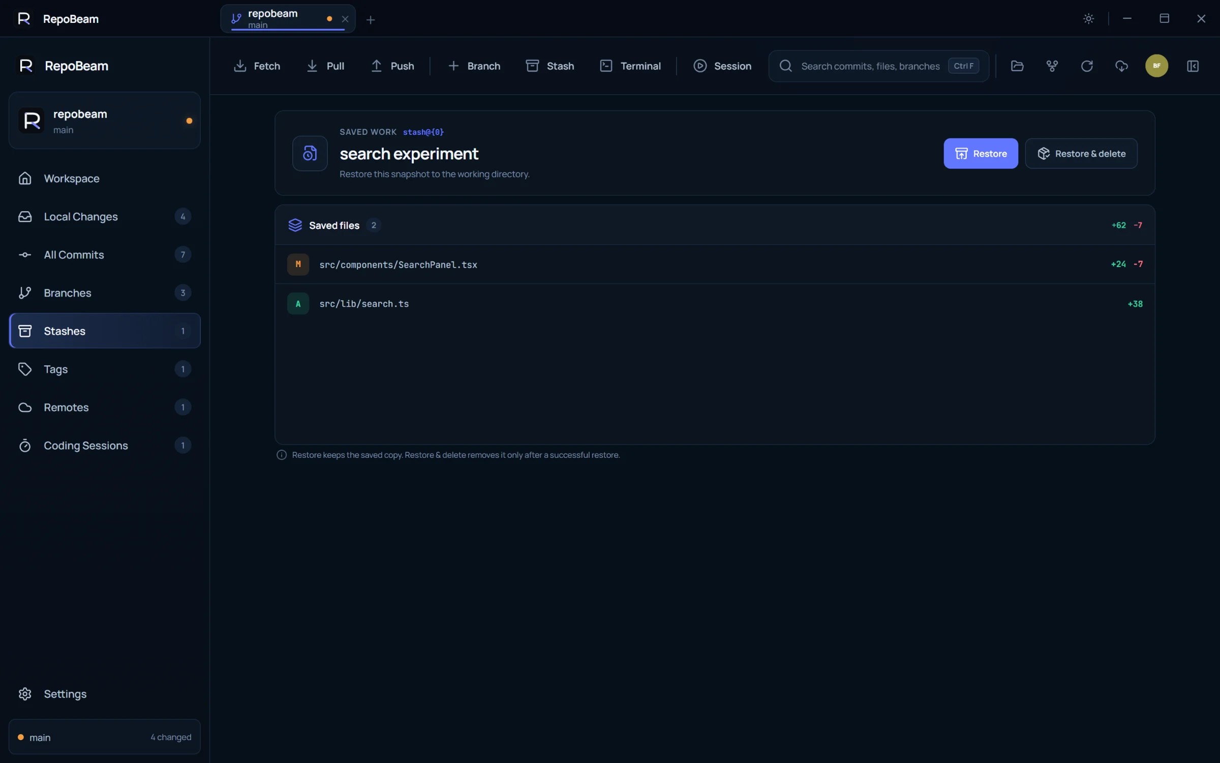 Stash view listing saved files