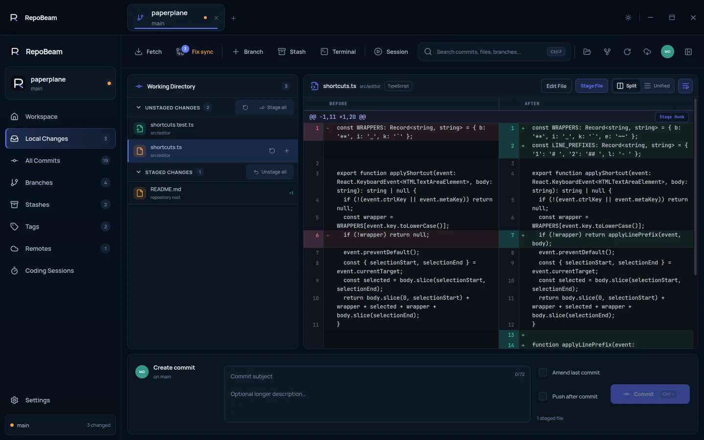 Local Changes with unstaged and staged files, a split diff with Stage File and Stage Hunk, and the commit form