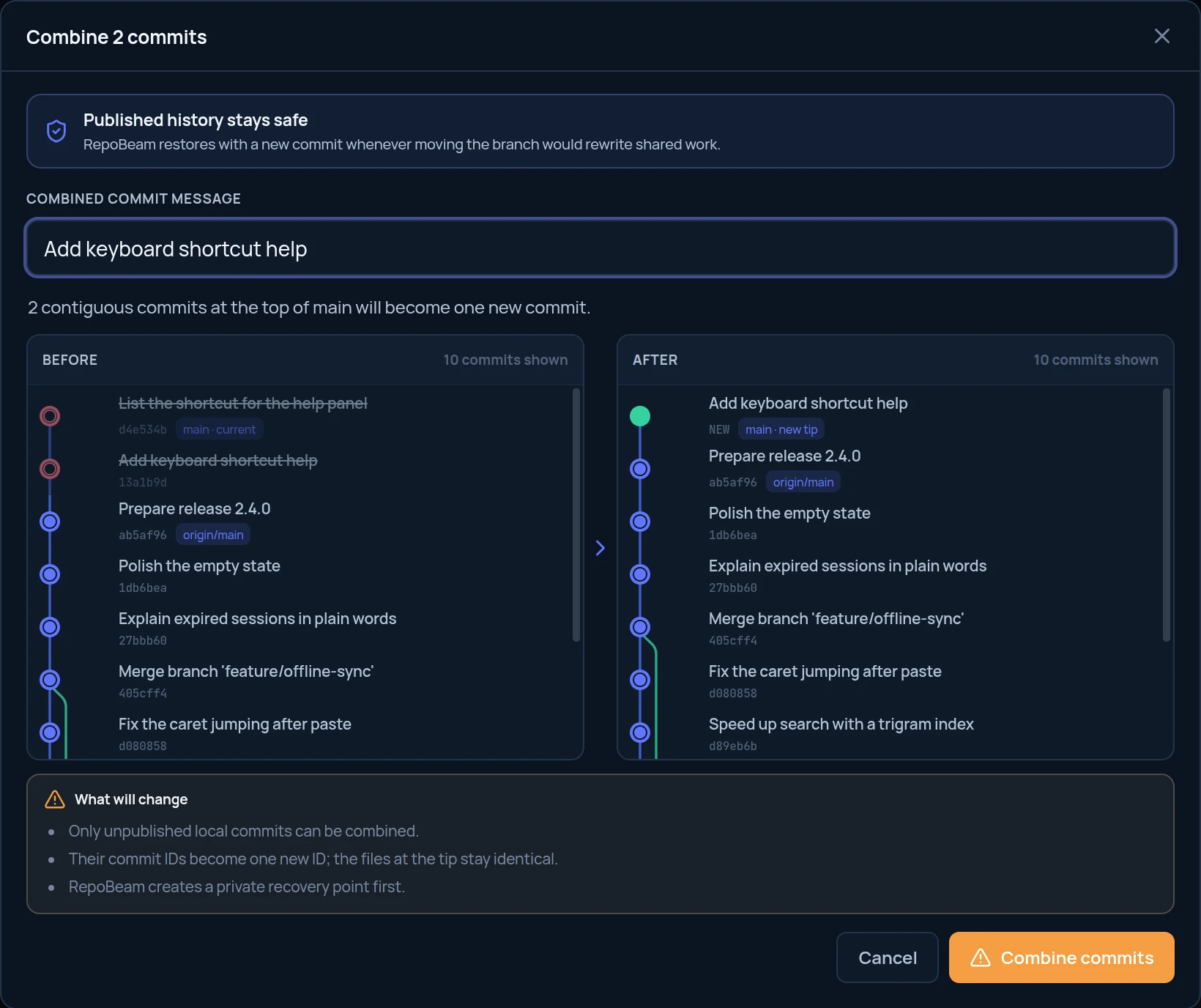 Combine 2 commits dialog with Before and After commit graphs and what will change