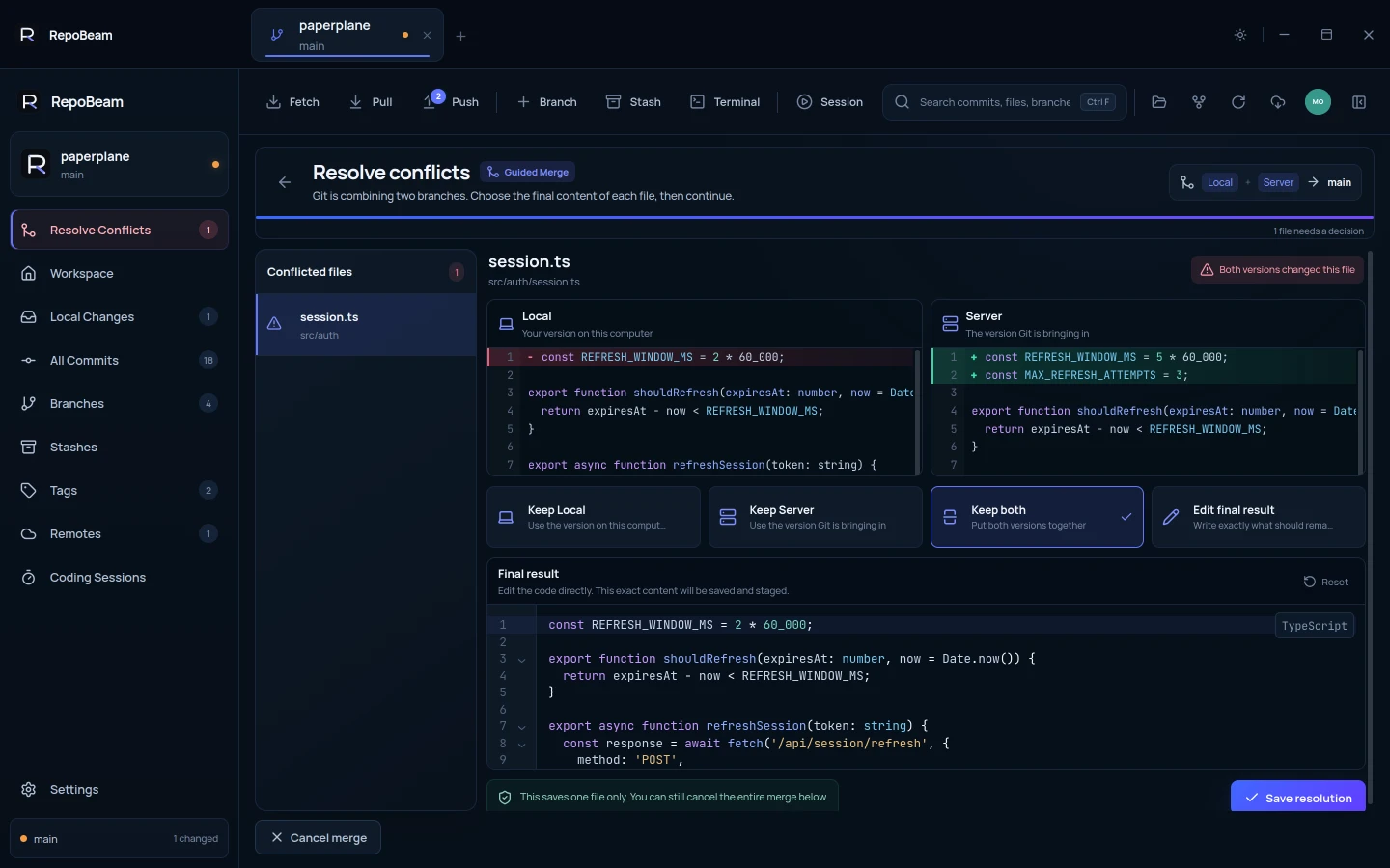 RepoBeam conflict resolver for session.ts: Local and Server versions side by side, Keep Local, Keep Server, Keep both and Edit final result, and an editable final result