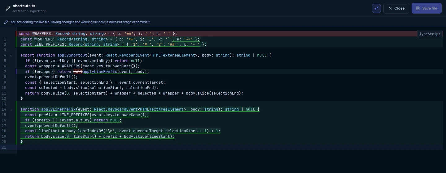 The file editor in full screen with changed lines marked