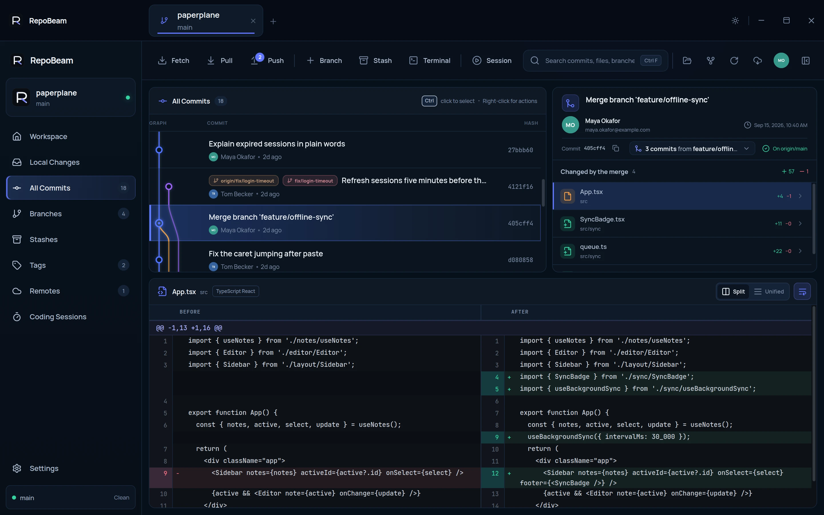 RepoBeam All Commits view: a commit graph with branches, a merge commit listing the three commits it brought in, and a split diff