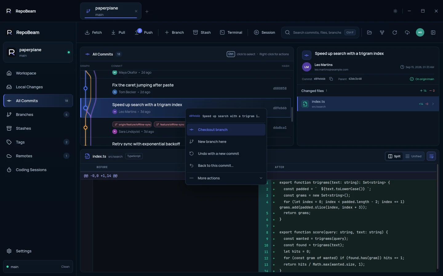 All Commits with the right-click menu open: Checkout branch, New branch here, Undo with a new commit, Back to this commit and More actions