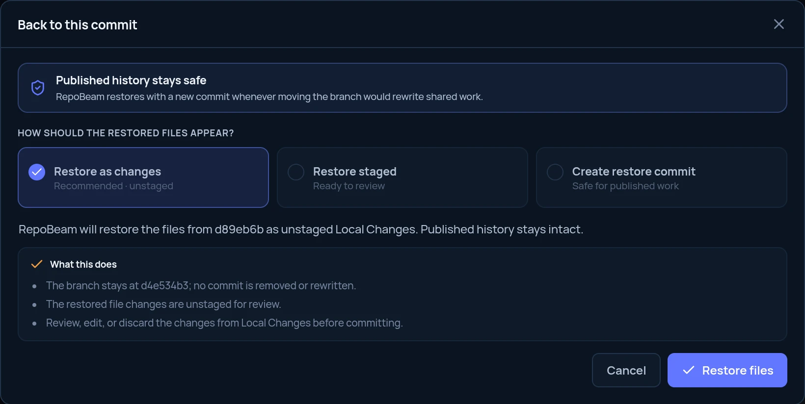 Back to this commit dialog: published history stays safe, with Restore as changes, Restore staged and Create restore commit
