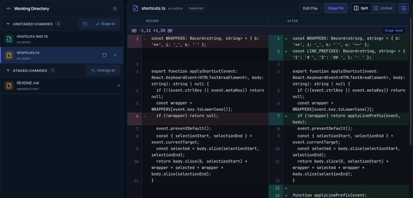 Local Changes with unstaged and staged files, a split diff with Stage Hunk, and the commit form