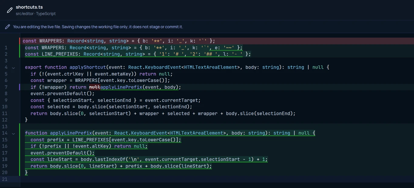 The file editor in full screen, with changed lines marked