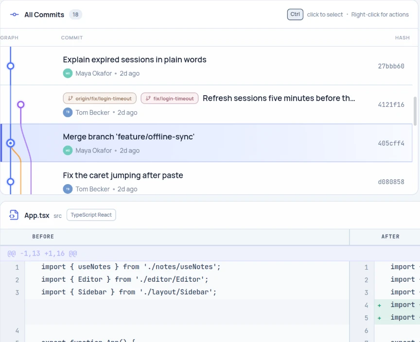RepoBeam commit history in the light theme